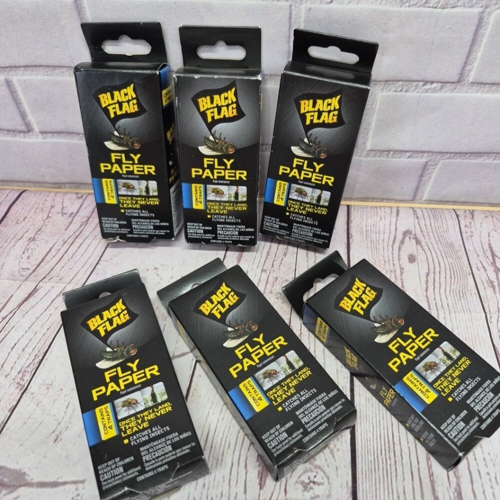 Black Flag Fly Paper, Insect Trap, Catches All Flying Insects 4 Traps ~ Lot Of 6